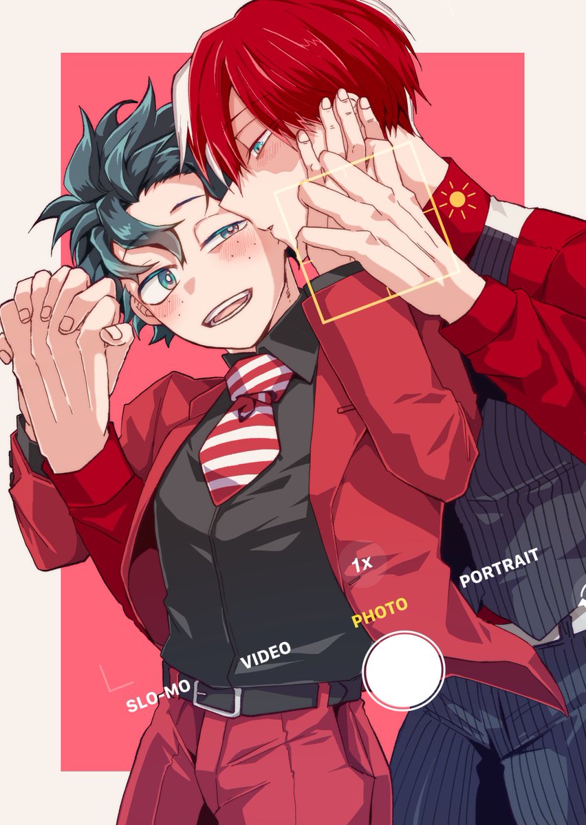 midoriya izuku ,todoroki shouto multiple boys male focus freckles 2boys necktie yaoi burn scar  illustration images