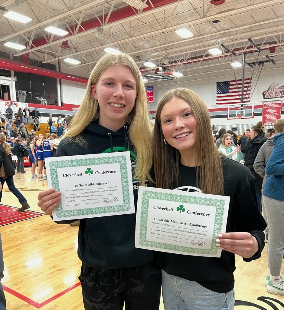 ALL CONFERENCE HONORS!!!   ⁦<a href="/AshleyChilson33/">Ashley Chilson</a>⁩ earns 1st team averaging a double-double all season and ⁦<a href="/emma1klink/">Emma Klink</a>⁩ earns honorable mention for lockdown defense and scoring.  #thenewera #buildingontradition