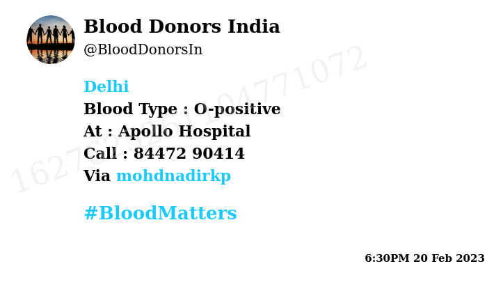 #Delhi
Need #Blood Type :  O-positive
Blood Component : Blood
Number of Units : Four
Primary Number : 84472 90414
Patient : Abdul Lais Jawed
Via: <a href="/mohdnadirkp/">Mohd Nadir 🌾</a>
#BloodMatters