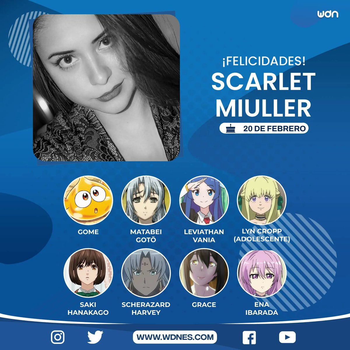 🎂 | Cumpleaños
Le deseamos un feliz cumpleaños a la actriz de doblaje <a href="/skyletmiuller/">Scarlet Miuller</a>, ¡esperamos que la pase increíble en compañía de sus familiares y seres queridos! 🌟