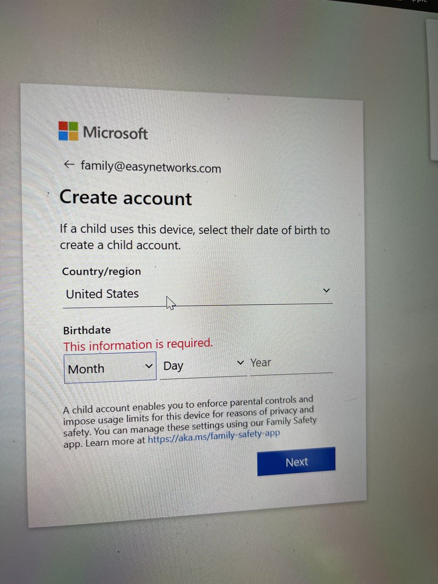 Why does ⁦<a href="/Microsoft/">Microsoft</a>⁩ say “if a child uses this device…” and then, when you skip that data entry, hey tell you that’s it’s required information? 

I really hate this sh**.