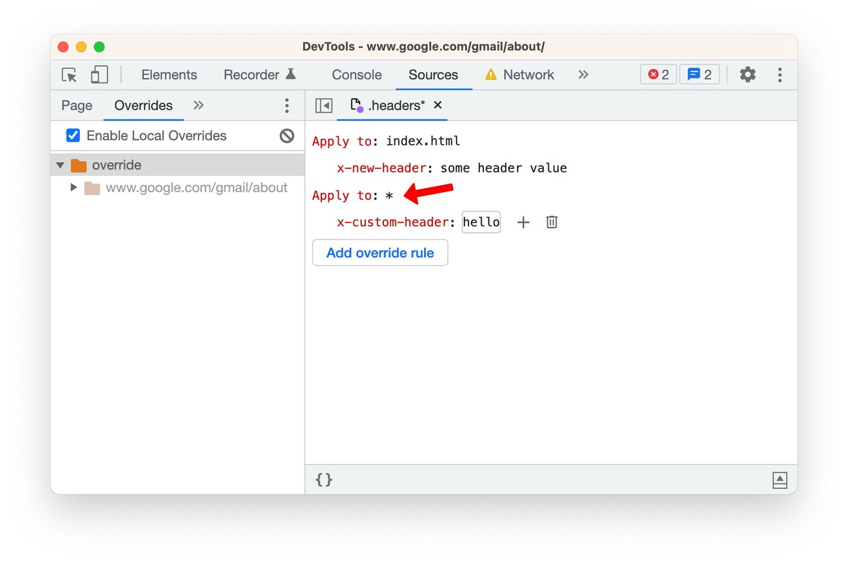 ChromeDevTools's tweet image. Override multiple response headers in one go! Yes, you can! Modify the .headers file in the Sources panel… It’s a prototype! 

Test it in Chrome Canary and leave your feedback in our RFC. 

👉🏼 github.com/ChromeDevTools…

#ChromeDevTools #RFC