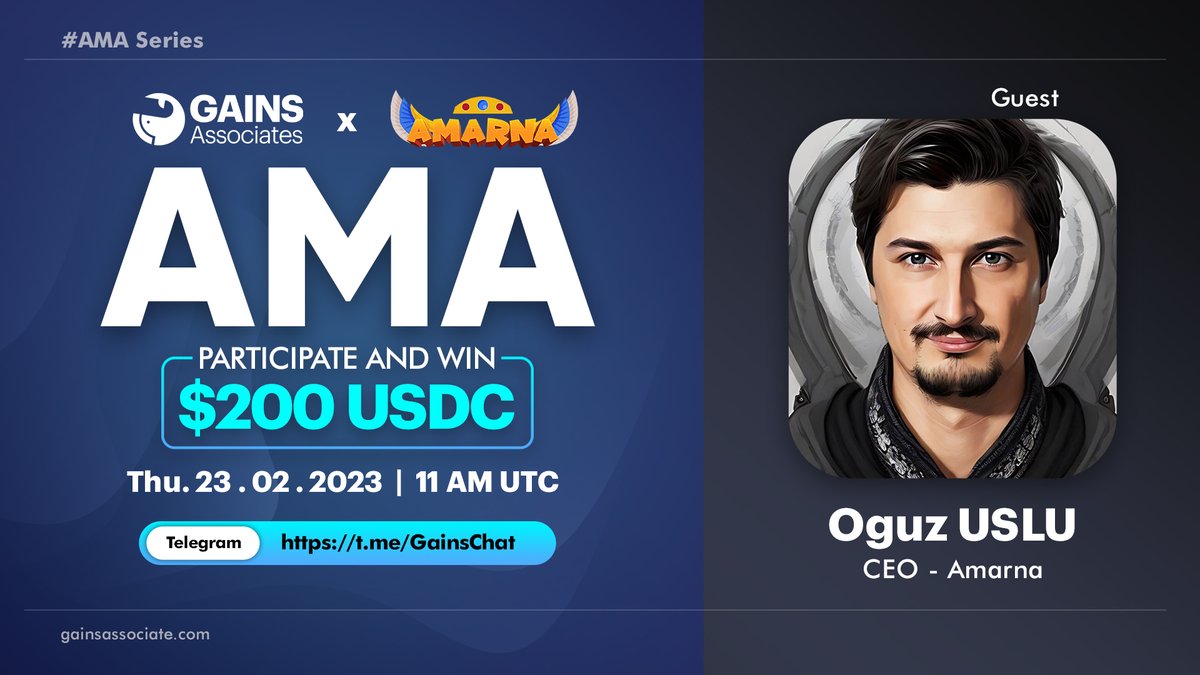 💬 QUIZ &amp; AMA with #Amarna

⭐️ Hosting Oguz USLU (CEO)

Ask your questions below!

🏆 $200 USDC to be won. Follow <a href="/AmarnaGame/">AMARNA</a> on Twitter and join their Telegram community to increase your chances of winning.

🗓 Thursday, February 23
📍@gainschat
⏰ 11 AM UTC = 12 PM CET