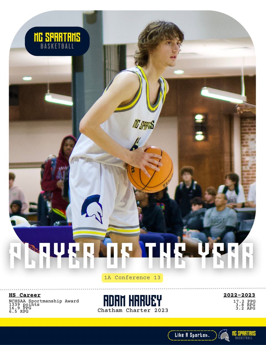 Congratulations to <a href="/adam_harvey23/">Adam Harvey</a> for earning Conference Player of the Year! Adam has had a remarkable career at Chatham Charter.

▪️1339 points
▪️16.9 PPG
▪️6.5 RPG
▪️NCHSAA Sportsmanship Award
▪️76 wins in 3 seasons

#NCSpartans #LikeASpartan