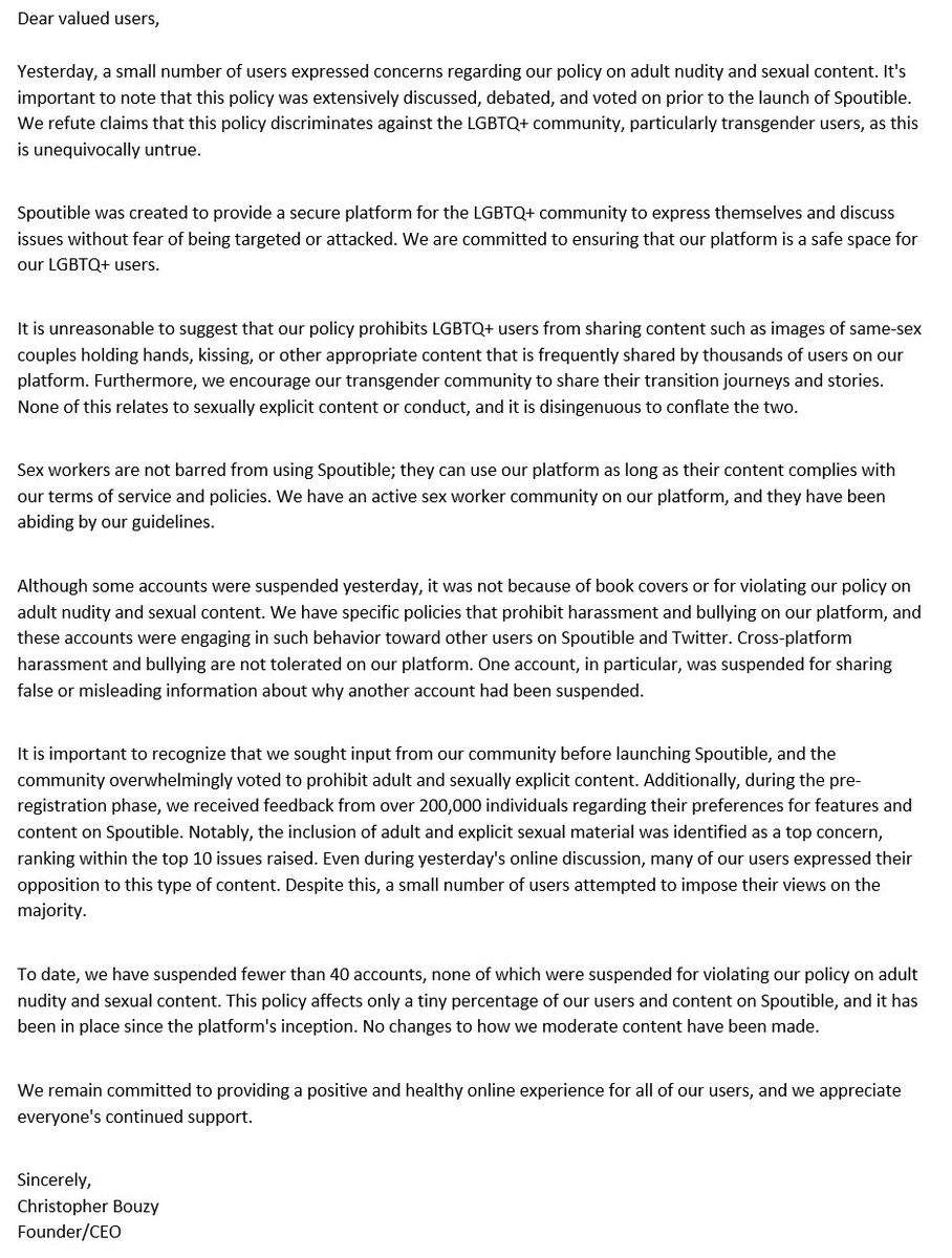 cbouzy's tweet image. 🐳Here is my statement regarding Spoutible.com&apos;s policy on adult nudity and sexual content.