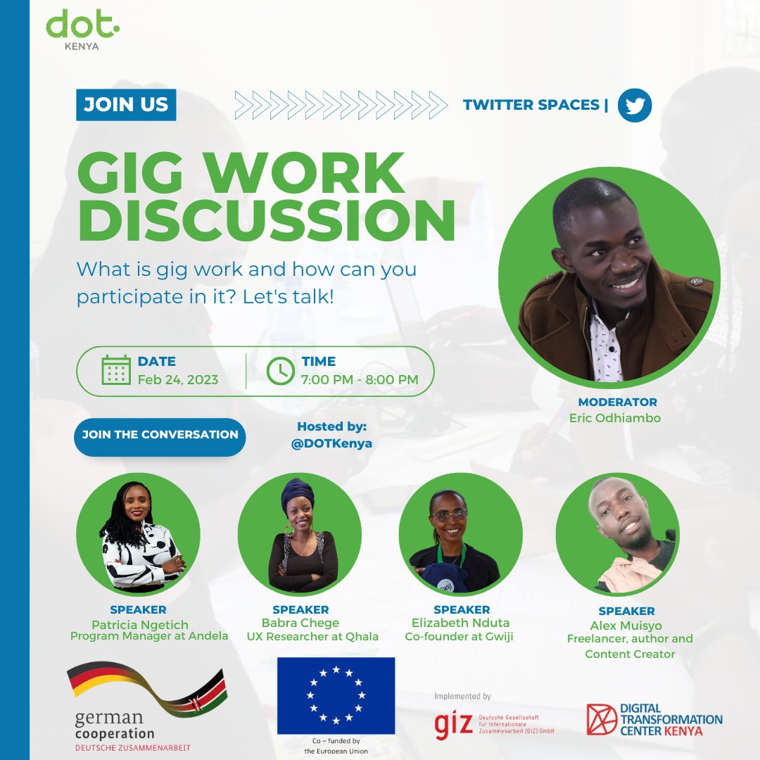 Join us for a Twitter Space conversation on #gigwork.
🕖7 pm to 8 pm EAT
📅February 24, 2023
📌Twitter spaces @DOTKenya
Save the date and join us this Friday!
#gigeconomy #gigwork #GigWorkers #digitaleconomy #fairwork #digitalglobal #cloudworkers #mentorship