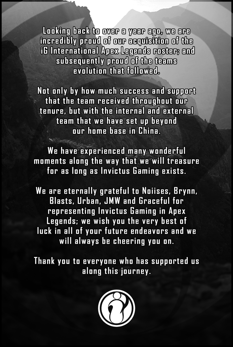 invgaming's tweet photo. We have carefully considered our position and sustainability in the Apex Legends space and have come to the difficult conclusion to step away from the title. https://t.co/DultEfJSyS
