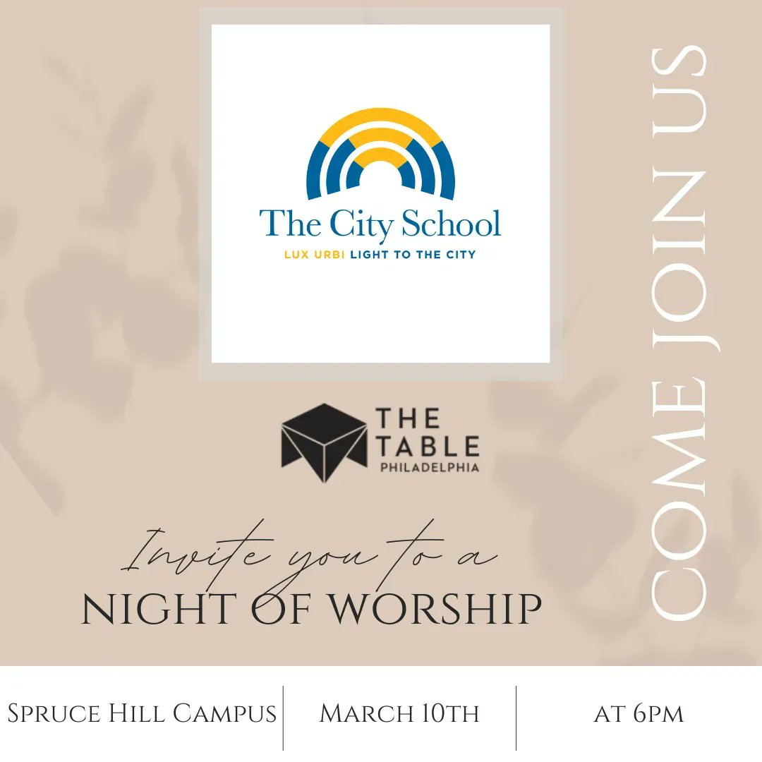 thetablephilly's tweet photo. The Table Philadelphia is joing The City School at Spruce Hill to have a night of worship for the families at the school. Our hosts are graciously providing a meal and we will offer the music.
Fri., March 10 @ 6pm. Register here: https://t.co/yLf8AlumwB https://t.co/2Vxi2293mC