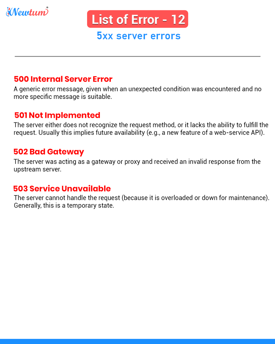 NewtumSolutions's tweet photo. Http Response Status Code 
List of error part 12
For more such error description.....
Follow  us @newtum solution 
#coder #codelife #newtum #python #html #error #htmlhacks #csstricks #codingisfun #httperror #html https://t.co/xA2S4WRm7r