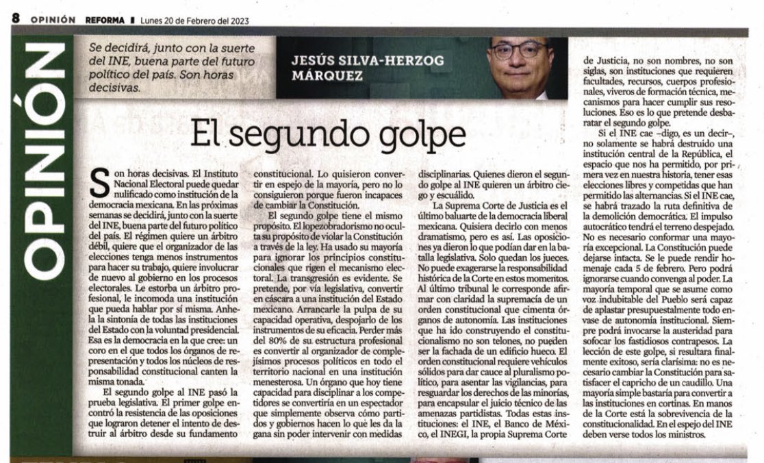 “LaSuprema Corte es el último baluarte de la democracia liberal mexicana . 

En manos de la Corte está la supervivencia de la constitucionalidad. En el espejo del INE deben verse todos los ministros. ”

#26FebreroMexico saldrá a exigir :
#MiVotoNoSeToca 
#LigaDeGuerreros 
Lean 👇