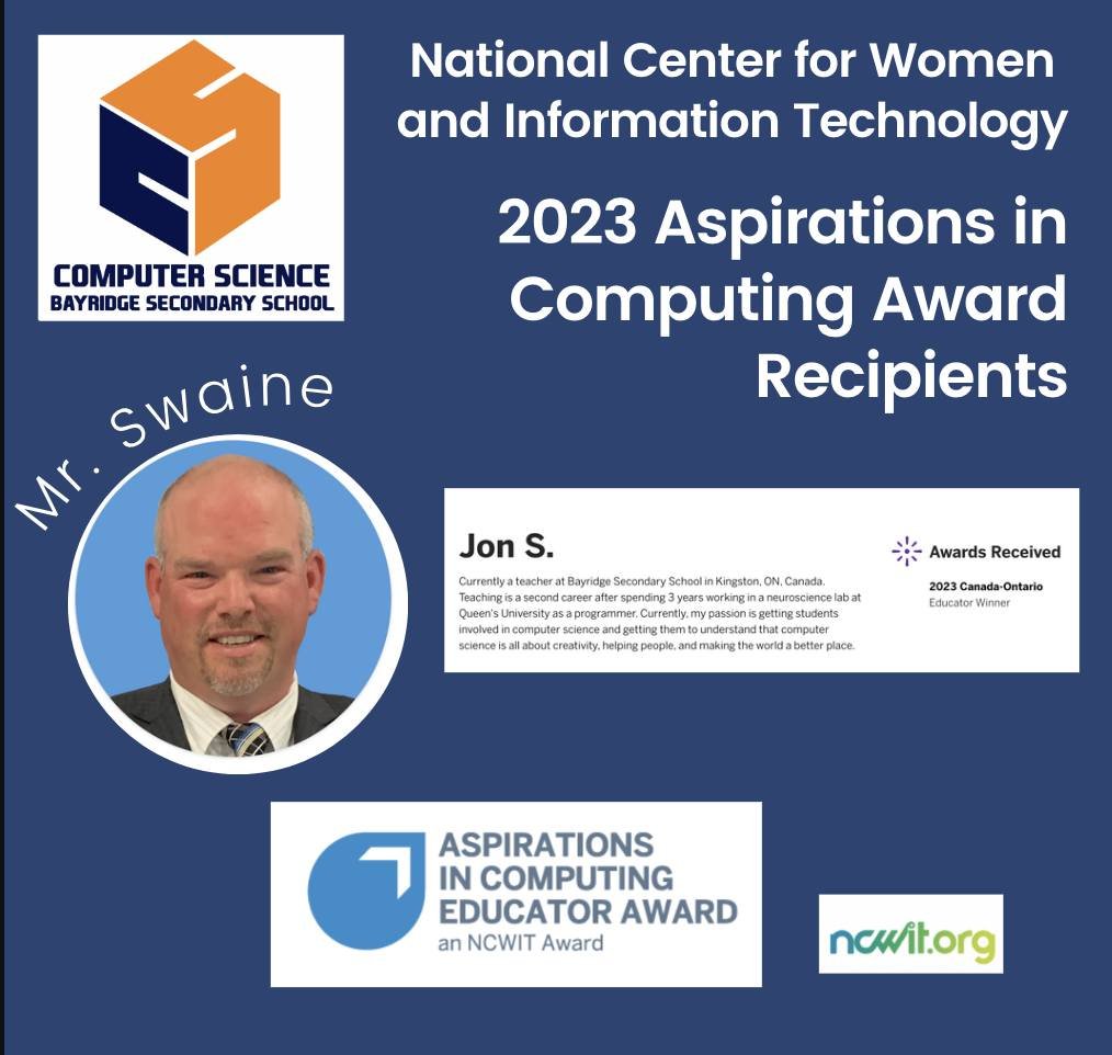 A huge congratulations to <a href="/mrjswaine/">𝙹𝚘𝚗 𝚂𝚠𝚊𝚒𝚗𝚎</a> who was just recognized with a National award from <a href="/NCWITAIC/">NCWITAIC</a> for his work with the <a href="/bssCompSci/">Bayridge SS Computer Science</a> program. He is one of only 3 educators in Canada to win the award, and the only one in Ontario! Well done, Mr. Swaine!!!  #blazer4life #bssCompSci