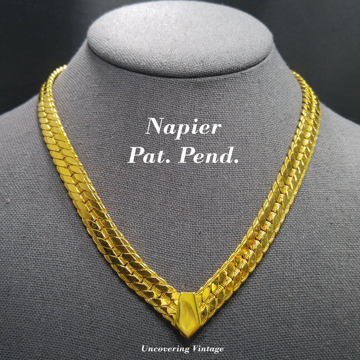 #etsy shop: Napier Gold Plated Herringbone V Chain Necklace, Signed Napier Pat Pend, 1980s Vintage Jewelry etsy.me/3Kn8EGO #gold #herringbone #women #hingedclip #herringbonenecklace #napierpatpend #napiernecklace #goldplated #chainnecklace
