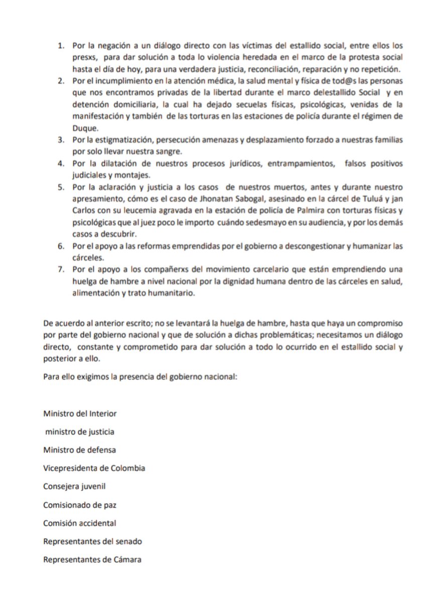 ObjetivLibertad's tweet photo. A partir de hoy 20 de febrero, y de manera indefinida, presxs por luchar en el marco del estallido social deciden a través de éste manifiesto emitido en la cárcel de Palmira, iniciar una huelga de hambre. https://t.co/fFbnhFjKHH