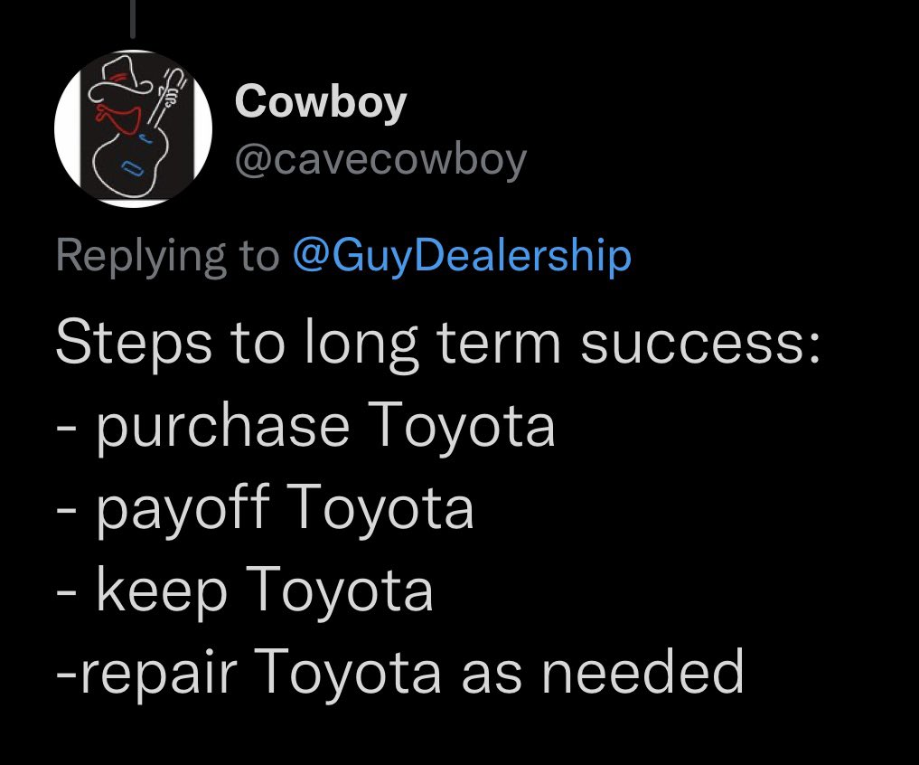 GuyDealership's tweet image. Toyotas have the lowest supply out of any auto maker right now.

You can’t get them.

Otherwise this is a pretty solid strategy.