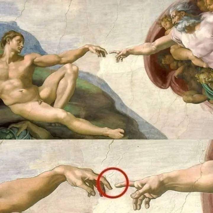 Le_Syndicat_225's tweet image. Minute culture ☺️

Savez-vous pourquoi les doigts de Dieu et d&apos;Adam ne se touchent pas dans la célèbre œuvre d&apos;art de Michel-Ange au plafond de la chapelle Sixtine du palais de la Cité du Vatican?
