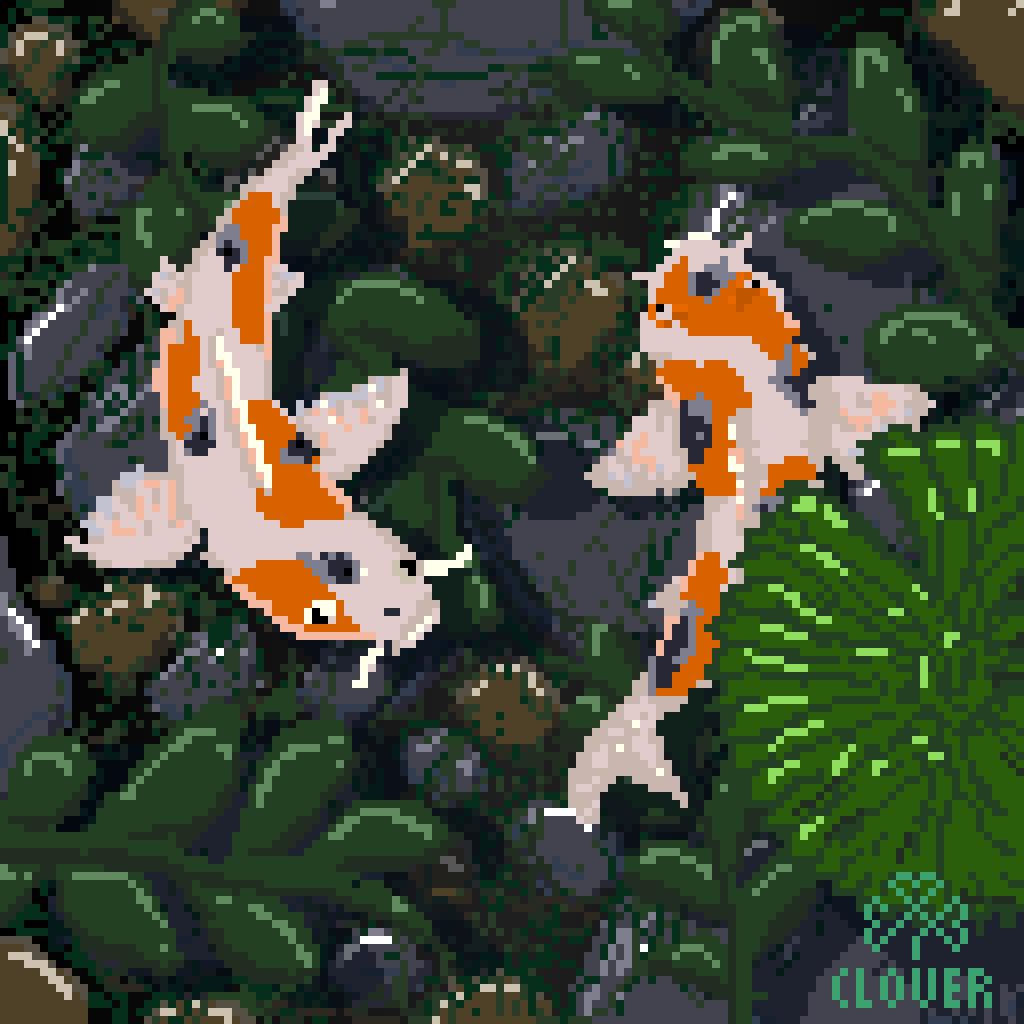PlayWithClover's tweet photo. #pixelart koi pond sample before I start making the animated version. Need to work on those derpy fish eyes. Follow along @CloverCreating https://t.co/WfV4xniDSu