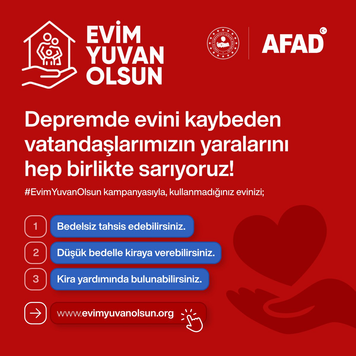 AFADBaskanlik's tweet photo. #EvimYuvanOlsun kampanyasıyla, depremde evini kaybeden afetzede vatandaşlarımız ile ülkemizin dört bir yanındaki hayırsever vatandaşlarımız buluşuyor!

Detaylı bilgi ve başvuru için;
➡️ https://t.co/vQzZ3lg0PE https://t.co/nNpy1t4j6X
