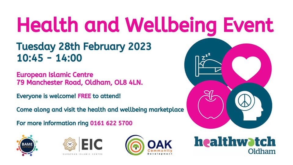 Action Together (@weacttogether) on Twitter photo Join <a href="/HWOldham/">Healthwatch Oldham</a> at their free Health and Wellbeing Event for a health check, Nordic walking demo, static kayaking and lots of information and resources to support your health and wellbeing! 🛌❤️🍏☮️
🗓️ Tuesday 28 February
⏰ 10:45am - 2pm
📍 <a href="/eicoldham/">European Islamic Centre</a> OL8 4LN Join <a href="/HWOldham/">Healthwatch Oldham</a> at their free Health and Wellbeing Event for a health check, Nordic walking demo, static kayaking and lots of information and resources to support your health and wellbeing! 🛌❤️🍏☮️
🗓️ Tuesday 28 February
⏰ 10:45am - 2pm
📍 <a href="/eicoldham/">European Islamic Centre</a> OL8 4LN