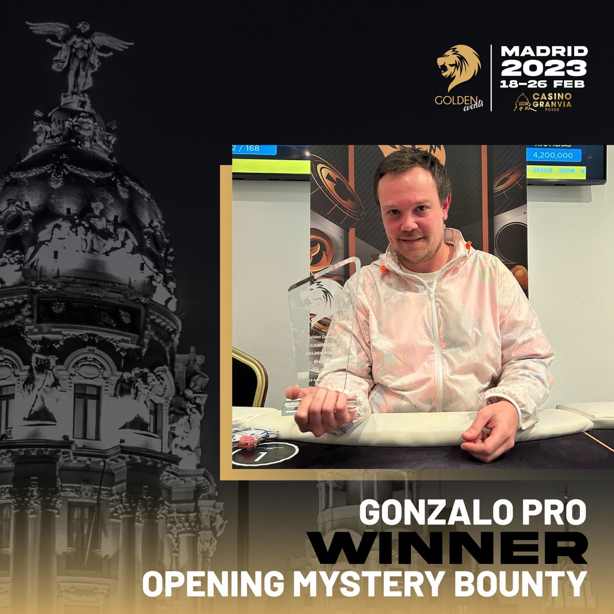 goldengamesint's tweet photo. 🔥Campeón Opening Mystery Bounty
🥇 Gonzalo Pro🥇
🏆 @monsalinho se impone a 168 jugadores y se situa como líder provisional del Ranking de esta etapa.
🦁Golden Madrid '23
📍 @CasinoGVPoker https://t.co/WqH6liJYtv