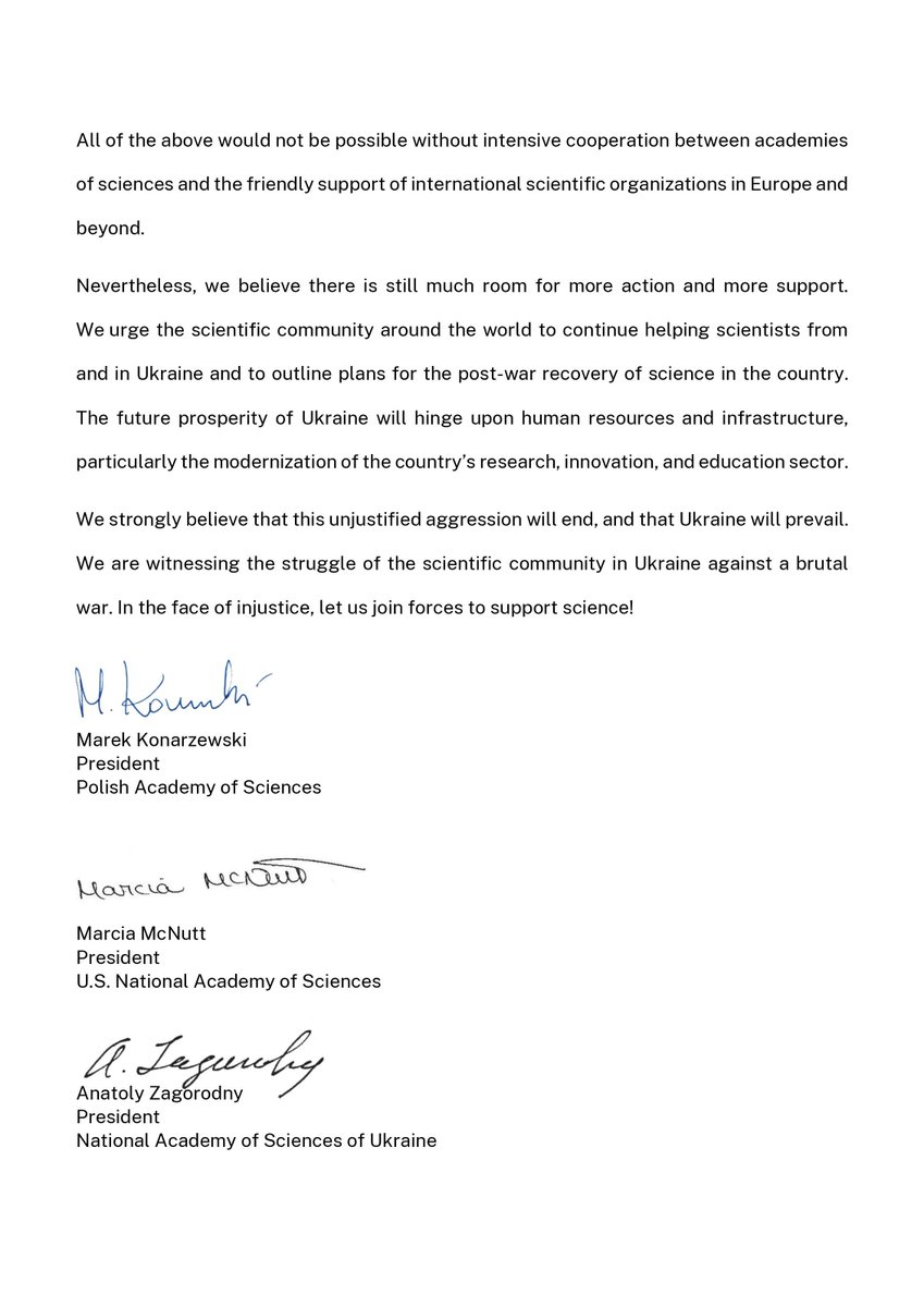 PAN_akademia's tweet photo. 🇵🇱🇺🇦🇺🇸 „We should do everything to protect the science and higher education sector in #Ukraine from war-inflicted decline”.

An open letter by prof. @Marcia4Science (@theNASciences), prof. A. Zagorodny (National Academy of Sciences of Ukraine) and prof. M. Konarzewski (PAS) 👇 https://t.co/2Z14x16yI1