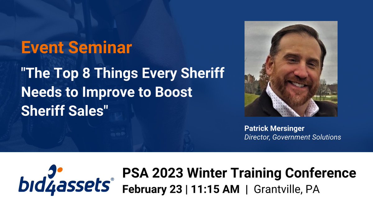 Bid4AssetsTweet's tweet photo. If you're attending the 2023 @PASheriffs Winter Training Conference this week, be sure to join our seminar Feb. 23 at 11:15 am featuring “The Top 8 Things Every Sheriff Needs to Improve to Boost Sheriff Sales”. See you there! https://t.co/vhdIiedkql #realestate #property https://t.co/D3G9L8vMwq