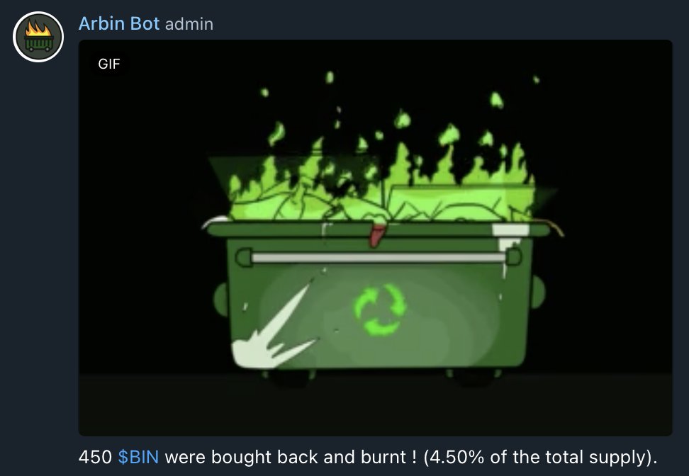 ArbinArbitrum's tweet photo. The Arbin Bot is now available in our tg group. $BIN #Arbitrum

You can check the amount of $BIN burnt by typing the command '/burn' in the chat. https://t.co/CMaJ8OUMAb