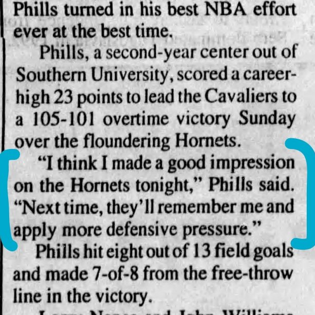 MrCleveland_216's tweet photo. February 20, 1994: Phills Beats Charlotte๐
2nd-yr guard Bobby Phills scores career-high (at time) 23 pts vs. future team in #LetEmKnow OT W vs. #LetsFly
"I think I made a good impression on Hornets tonight...they will remember me".
Yes, 3 yrs in NC, jersey in the rafters #BobbyP https://t.co/WvWtxIy96K