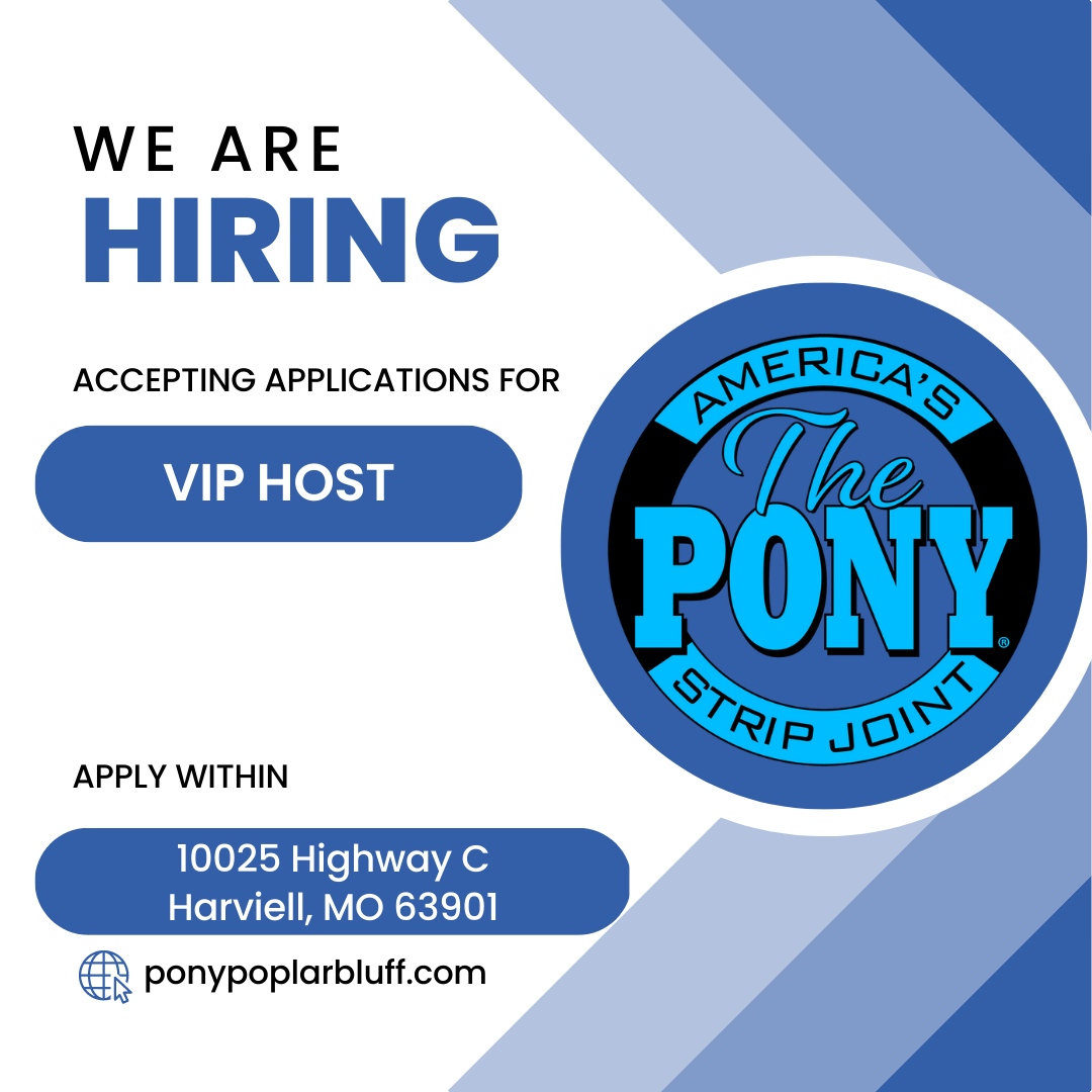 PoplarPony's tweet photo. We are accepting applications for a VIP HOST!
Apply in person.
.
.
.
#nowhiring #jobhunt #jobsearch #jobseeker #employmentopportunity #thepony #poplarbluff #ponypoplarbluff #vip #viphost https://t.co/Mvk8jGLqGG