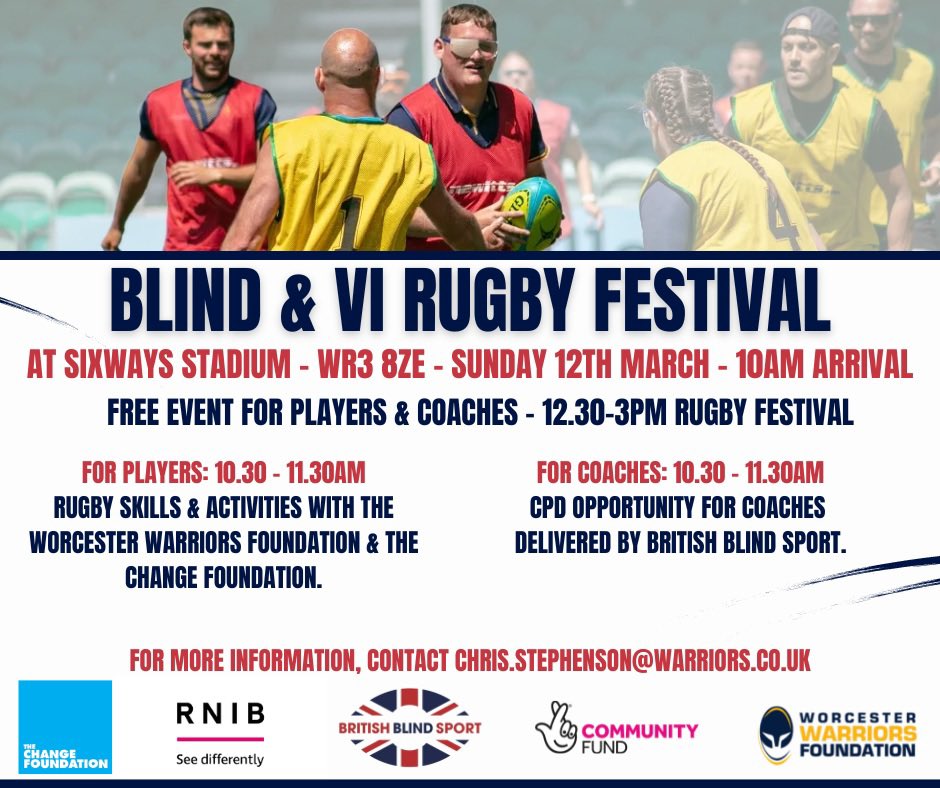 Worcwarriorsfdn's tweet photo. We are delighted to announce our first Blind and VI rugby festival at @SixwaysStadium Home of the @WorcsWarriors ππ
Taking place on Sunday 12th March 2023
In partnership with @ChangeFdn ,@BritBlindSport and @RNIB
For more information email:
Chris.stepehenson@warriors.co.uk https://t.co/FuwgMp5bj8