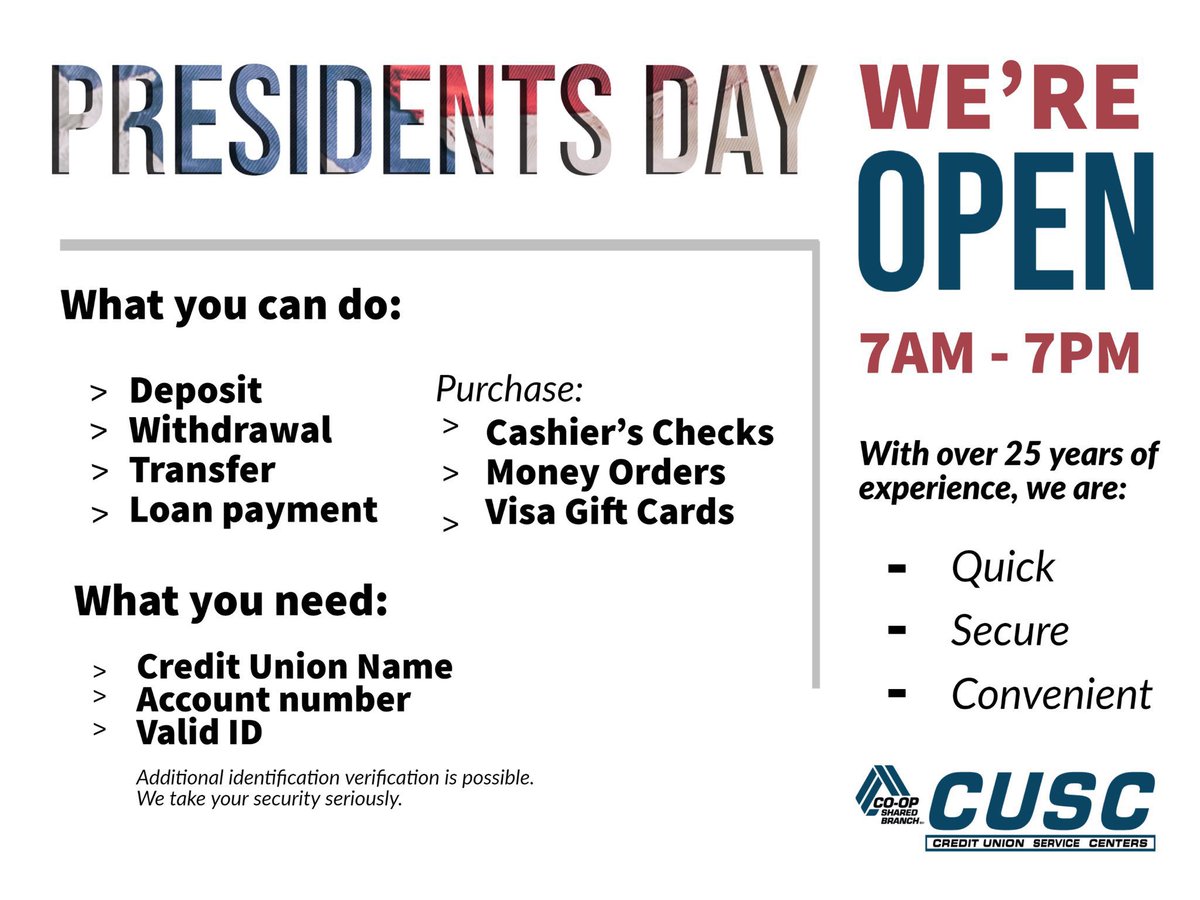 ACU branches are closed today for Presidents’ Day. However, <a href="/CuscOklahoma/">CUSC Oklahoma</a> locations are open 7AM - 7PM! 

You can also access your accounts at acuok.org or through the mobile app.