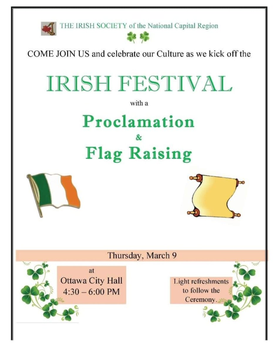 GabeFin's tweet photo. Irish month in Ottawa, Canada. All welcome. Kicks off with our national flag-raising 🇮🇪
March 9th, 430pm. @ICCC_OTT @FOSFCanada @BeIrishInOttawa @OttawaCCE @WeArGlobalIrish https://t.co/9mslKXEnKP