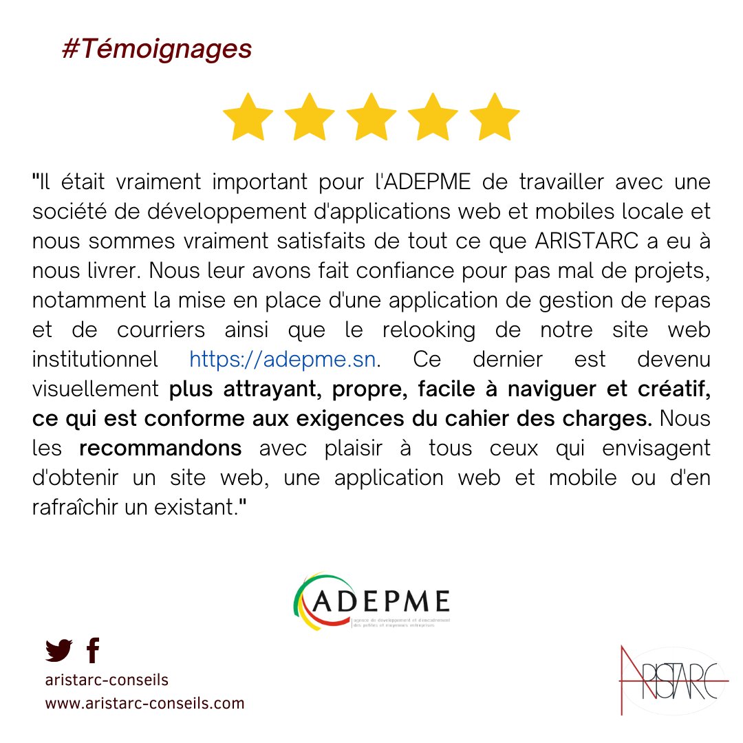 aristarc_cons's tweet photo. Nous sommes ravis de partager avec vous les témoignages de nos clients.
Aujourd'hui, nous aimerions vous présenter celui de l'#ADEPME, qui a eu le plaisir de travailler avec nous . Nous sommes honorés de les accompagner dans l'atteinte de leurs objectifs.
#ARISTARC  #successstory https://t.co/OTYsqgM9XJ
