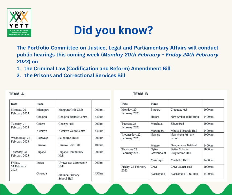 Public hearings for the criminal Law (Codification and Reform) Amendment Bill and the prisons and correctional service bill are being conduct this week. Let's attend in our numbers.