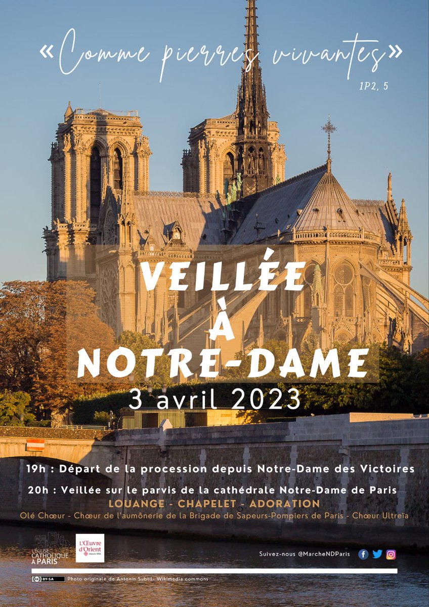 🔥Pèlerinage des pierres vivantes, Lundi 3 avril, à la cathédrale Notre-Dame de Paris.
Venez louer, prier, adorer pour préparer la réouverture de Notre-Dame ! 
19h : Départ de la procession depuis la Basilique Notre-Dame des Victoires
dioceseparis.fr/veillee-a-notr…