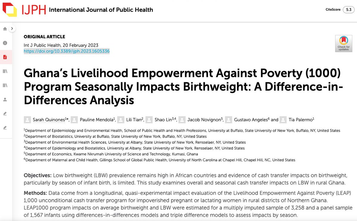 Can #cashtransfers reduce the risk of low #birthweight? New article by @UBSPHHP PhD Candidate Sarah Quiñones et al. in🇬🇭 says yes, but it depends on the season. @ubuffalo @ualbanysph @UNICEFGhana @nonjake