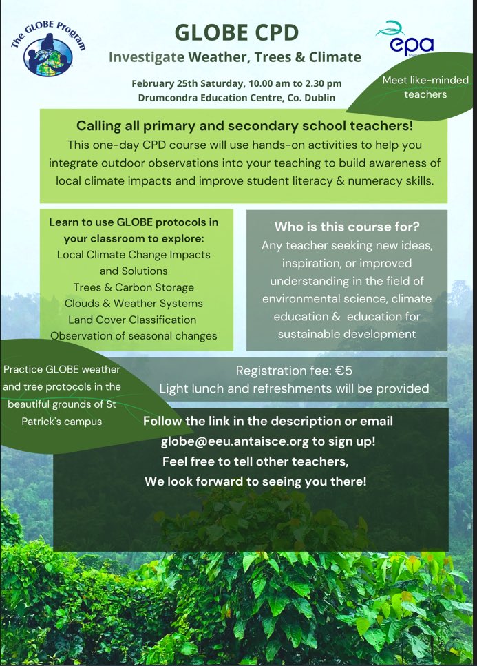 Director_DrumEC's tweet photo. GLOBE-Integrate outdoor observations (Trees, Weather &amp; Climate) and citizen-science into the classroom to benefit the environment.

Saturday 25th Feb - In person workshop in Drumcondra Education Support Centre 10am - 2pm.
Register:

https://t.co/6tADQMEzII
⁦@DrumcondraESC⁩ https://t.co/4E90U9lSAd