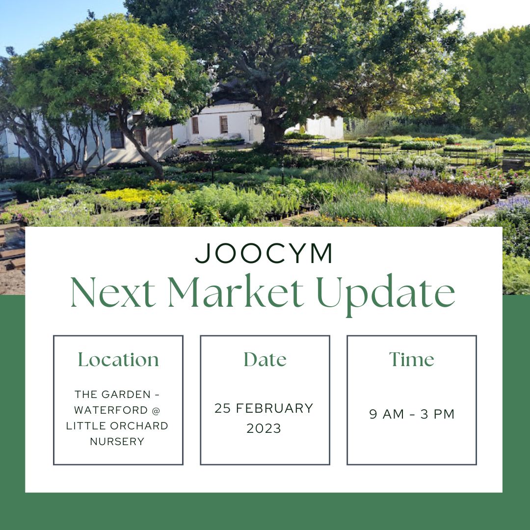 Join us this Saturday 25 Feb 2023

The Garden - Waterford @ Little Orchard Nursery. 
Trading times are 9am - 3pm

Looking forward to seeing you there!

#cbdoil #cbd #hemp #cbdproducts #cbdlife #joocym #beardoil #Takealot #cbdshop #cbdhelps #capetownsouthafrica #smallbusiness