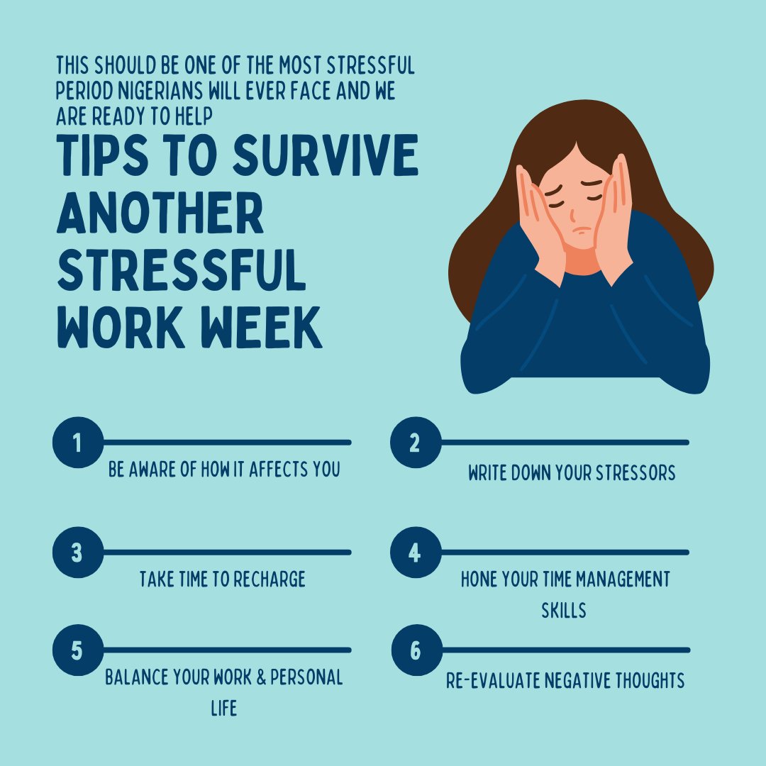 F4Flats's tweet photo. It's another work week which could be stressful becasue of the recent happenings in the country 
Read through for tips on how to cope with stress this week and when it's time to recharge book F4 Apartment

ihiala / tinubu /  rccg /  ogun state /boko haram /mc oluomo /akin alabi https://t.co/AKdSqqXoNc