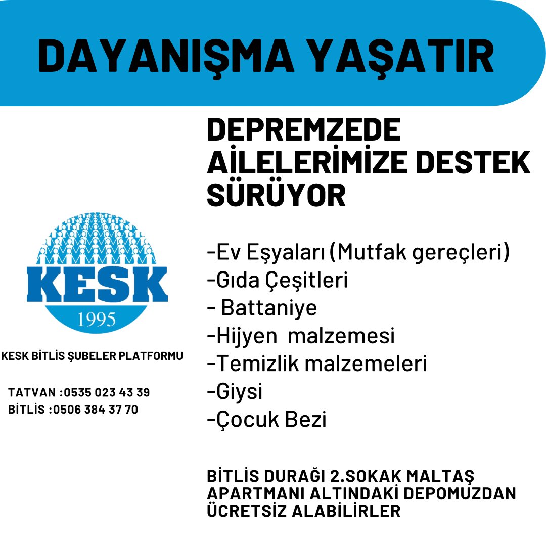 SesBitlis's tweet photo. Depremzede ailelerimize destek  sürüyor  Kesk depomuzdan ücretsiz faydalanabilirsiniz 

#DayanısmaYasatır 
#DayanısmaEngellenemez https://t.co/lY1w0615u2