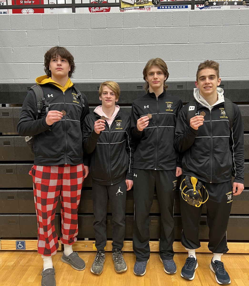 Sam Berger, Max Glueck, Josh Schmitt, and Owen Dalpoas qualified for the MSHSAA State Tournament on Saturday by medaling at the District Tournament. Congratulations! 🥇 <a href="/VianneyWrestle/">Vianney Wrestling</a>