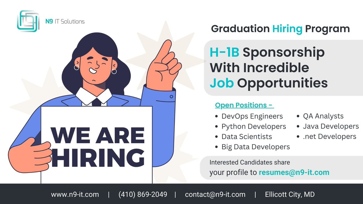 n9_IT_solutions's tweet photo. We are Hiring all recent Graduates...!
H-1B Sponsorship With Incredible Job Opportunities
Contact us for more details - +1 410-869-2049
Website - https://t.co/m4Uq6khDNv
.
.
.
#SQL #sqldeveloper #devopsjobs #pythonjobsusa #fresher #sql #developer #programmer #coding #project https://t.co/03TcMfUawq