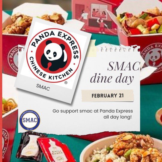 Tuesday’s midday and evening meal plans are set. Join us at Chili’s or Panda Express! Don’t forget to show the flyer and/or mention SMAC when paying.
