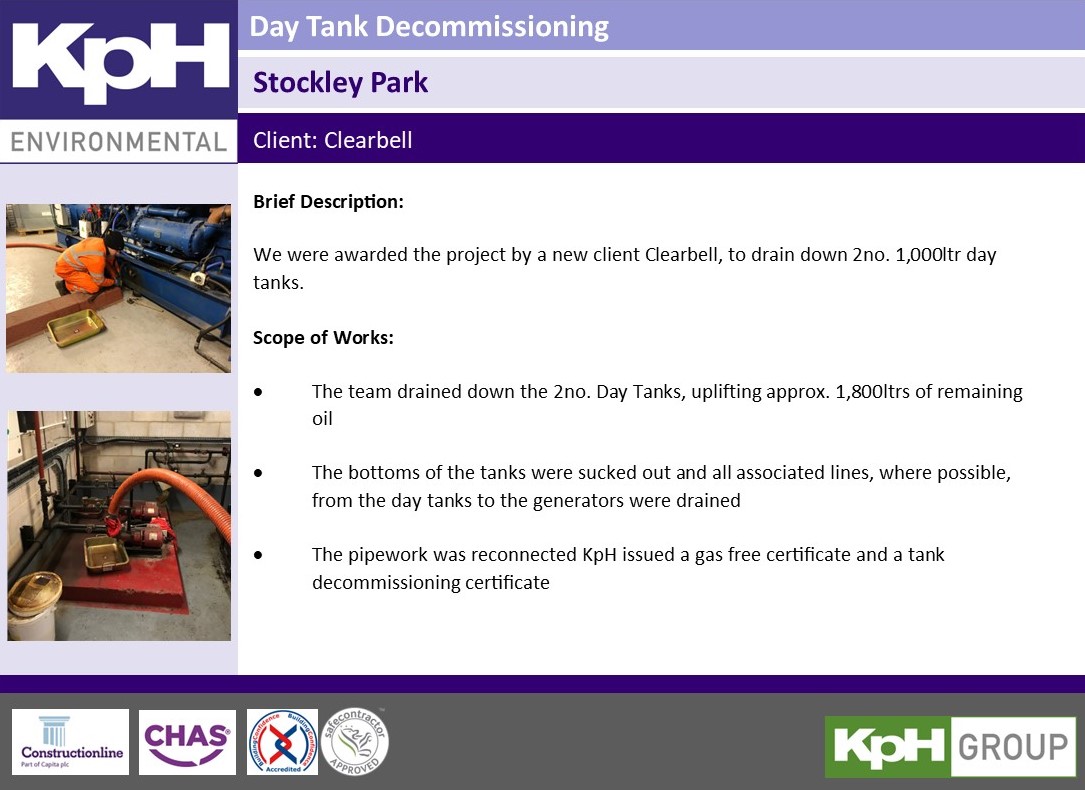 We recently undertook the decommissioning of two day tanks for a new client, Clearbell.

If we can help you with any fuel tank requirements, get in touch below 👇

☎️ 01883 346604
💻 environmental.kph.co.uk

#fueltank #decommissioning #tankcleaning #tankremoval #dieseltank