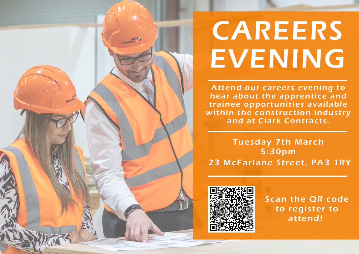 Interested in an apprenticeship or traineeship in the construction industry? Join us at our 7th annual Careers Evening on Tuesday the 7th of March! 

Register using the QR Code below!

Read more - ow.ly/xvwN50MWYP1 

#UnlockingPotential #ScotAppWeek23