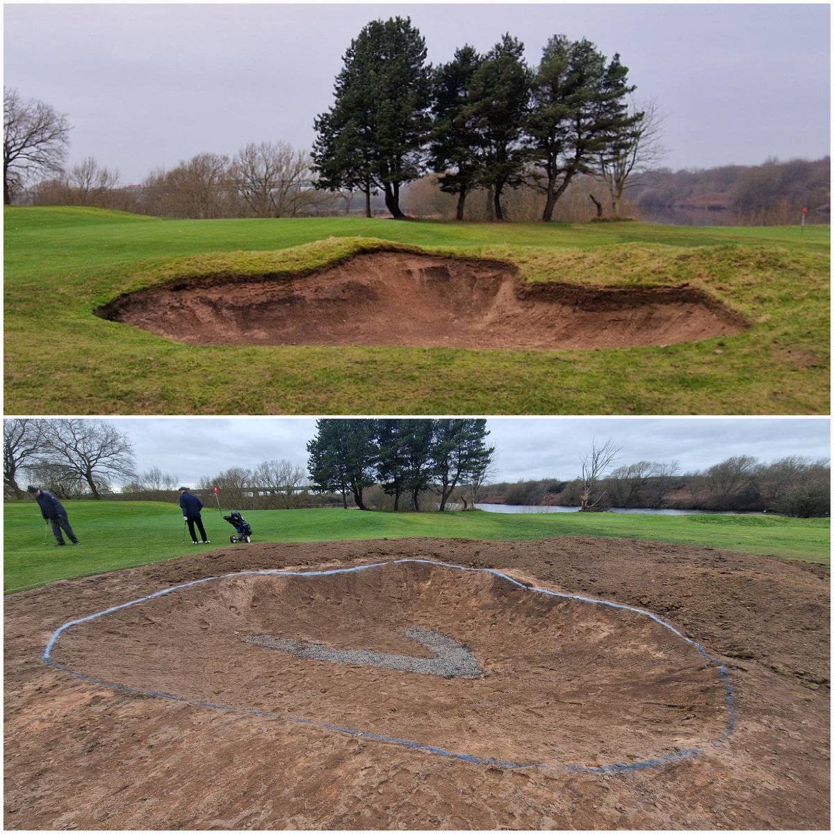 LymmGCGreens's tweet photo. The new 5th bunker!

Old bunker used to flood &amp; sides needed repair. New bunker moved to the left slightly, drainage added with 2 grass hollows to the right &amp; heather added to the side edge

Big thanks to @BenSmith888 from @EcoBunkerLtd for installation of their new bunker liner https://t.co/vbl4EpvVx7