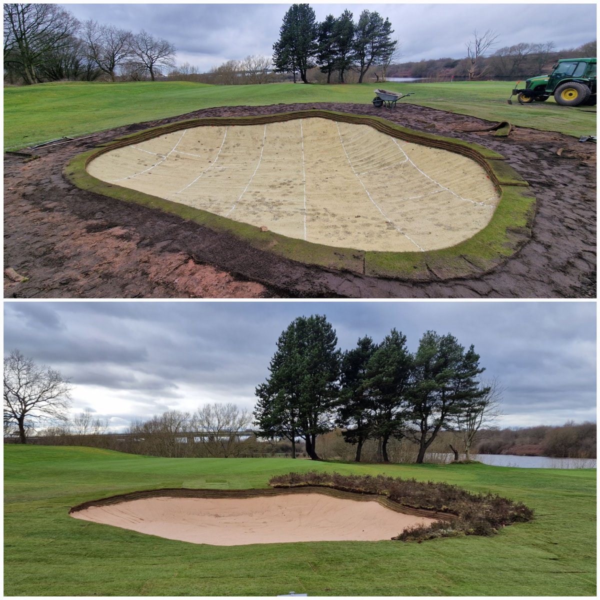 The new 5th bunker! Old bunker used to flood & sides needed repair. New bunker moved to the left slightly, drainage added with 2 grass hollows to the right & heather added to the side edge Big thanks to @BenSmith888 from @EcoBunkerLtd for installation of their new bunker liner