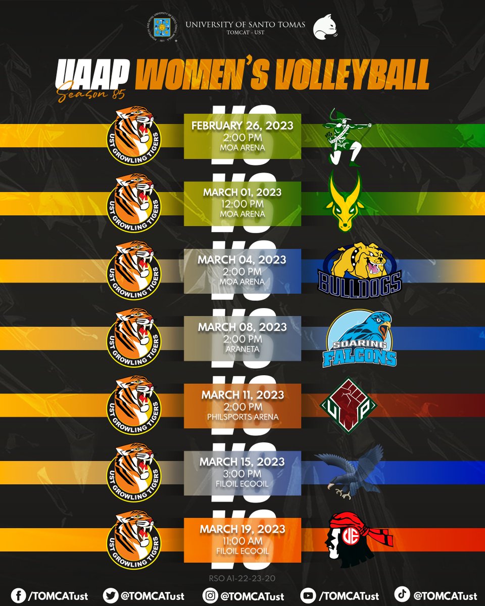 TOMCATust's tweet photo. Tune in to the scheduled games of  UST Men and Women’s Volleyball Teams for #UAAPSeason85! 

Set them up for a good play with your cheers of  #GoUSTe, and watch as they volley and spike their way to  #RiseAsOne!

Caption by Marielle Huelgas
Board by Maecy Bataller https://t.co/hzbQUneRQ0
