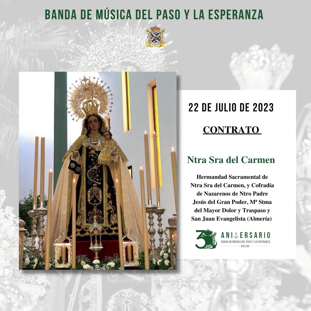 bmESPERANZA's tweet photo. 𝐎𝐅𝐈𝐂𝐈𝐀𝐋| Nuestra Banda de Música ha llegado a un acuerdo con @GranPoderAL para acompañar a Ntra Sra del Carmen el próximo mes de julio.

¡Agradecemos a la Hermandad la confianza depositada en nuestra formación!

#BMEsperanza ⚓️ https://t.co/59KiPBrzRm