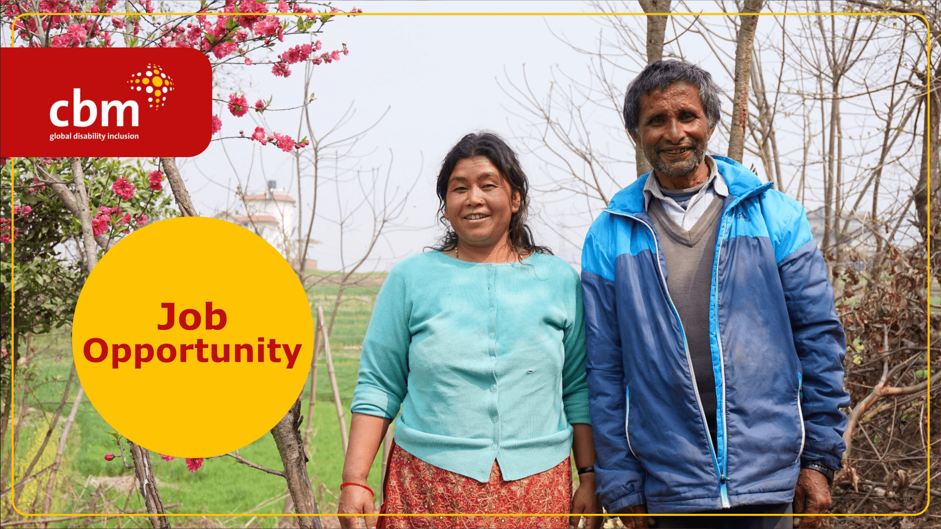 A woman and man from Nepal are standing and smiling. Behind them are branches and flowers. Text says "Job opportunity".