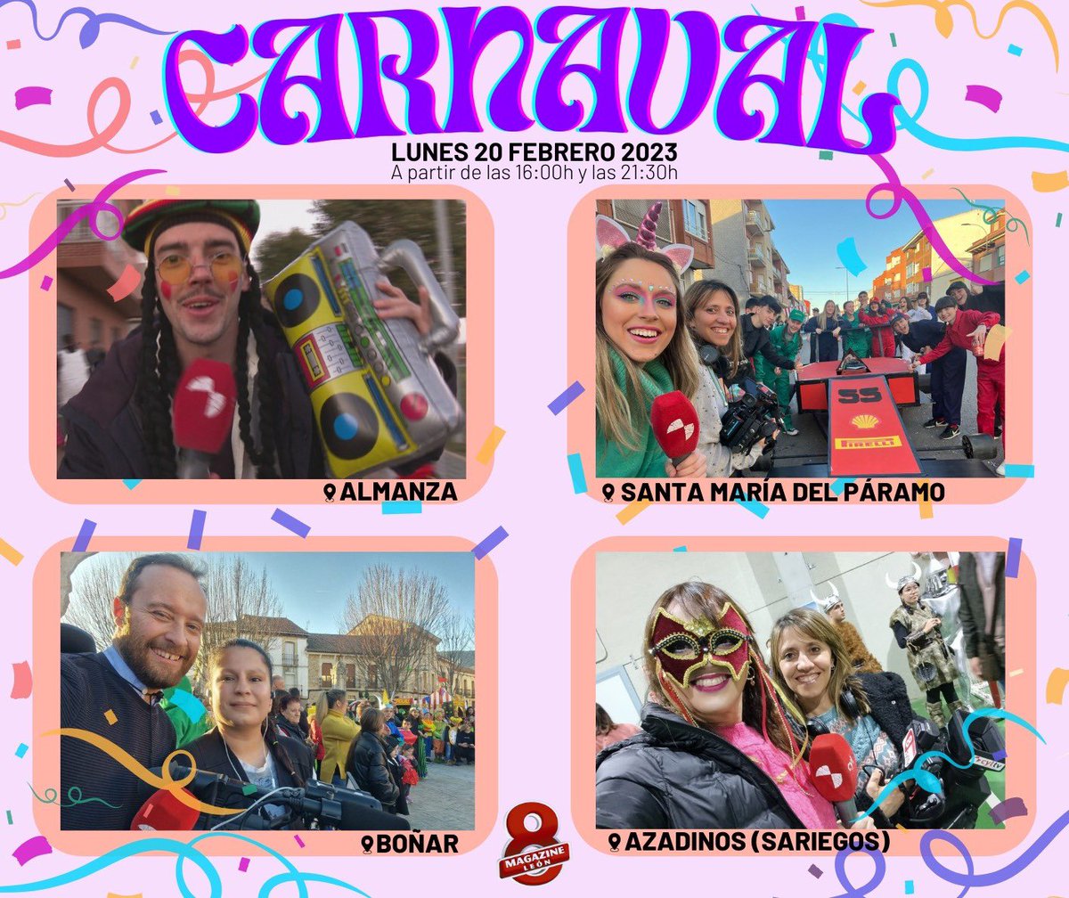 🎭 CARNAVAL 🎭

📍16:00h y 21:30h
🥳 Hoy LUNES puedes ver con nosotros los carnavales de:
• Almanza
• Santa María del Páramo
• Boñar
• Azadinos (Sariegos)

🎭 ¿Cuál es tu disfraz favorito de estos desfiles? 

#leon #leonesp #carnaval #disfraz #difraces  #tv #8ml <a href="/La8Leon/">La8 LEÓN</a>